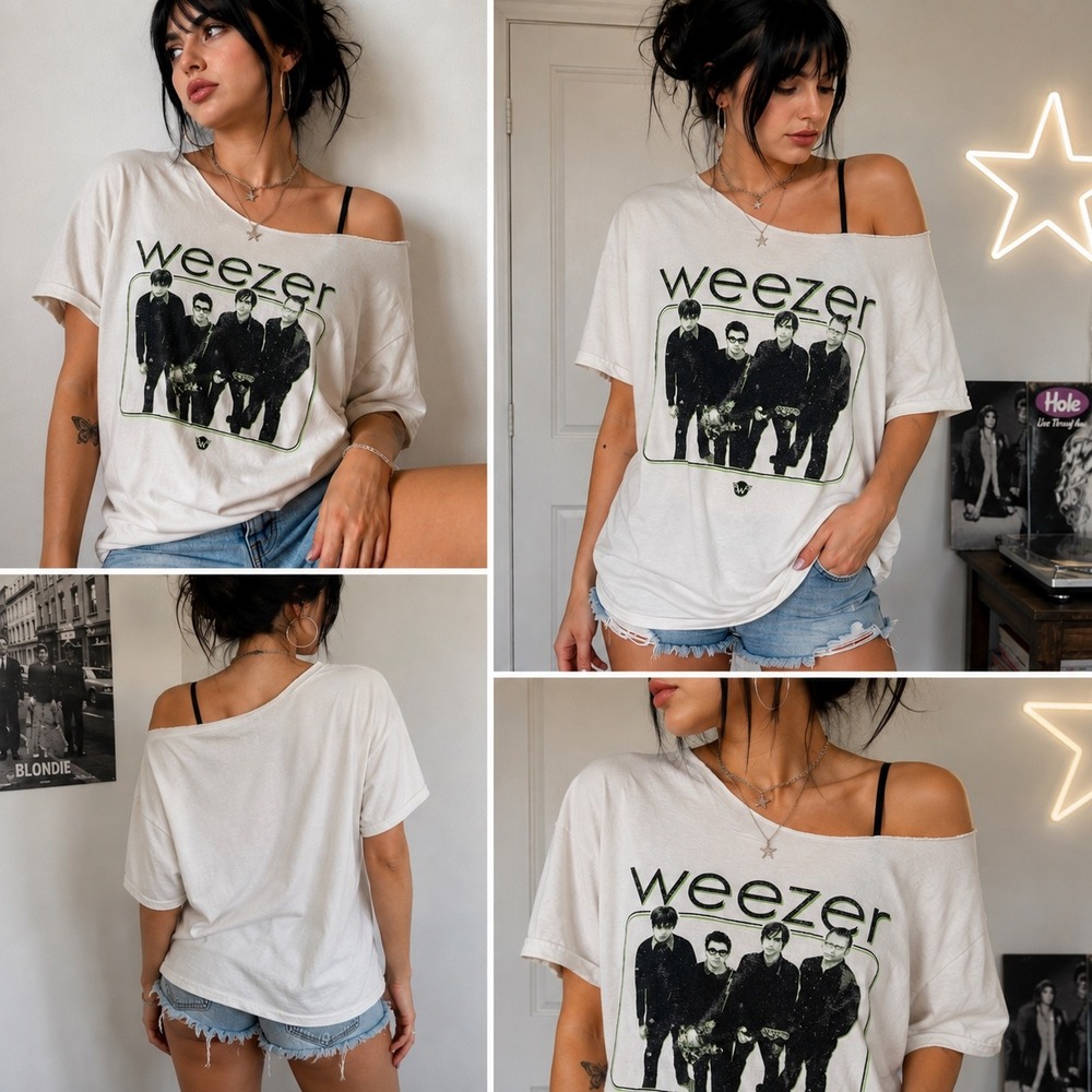 Vintage Weezer T-Shirt Womens XL White DIY Off Shoulder Band Tee Alt Rock Y2K